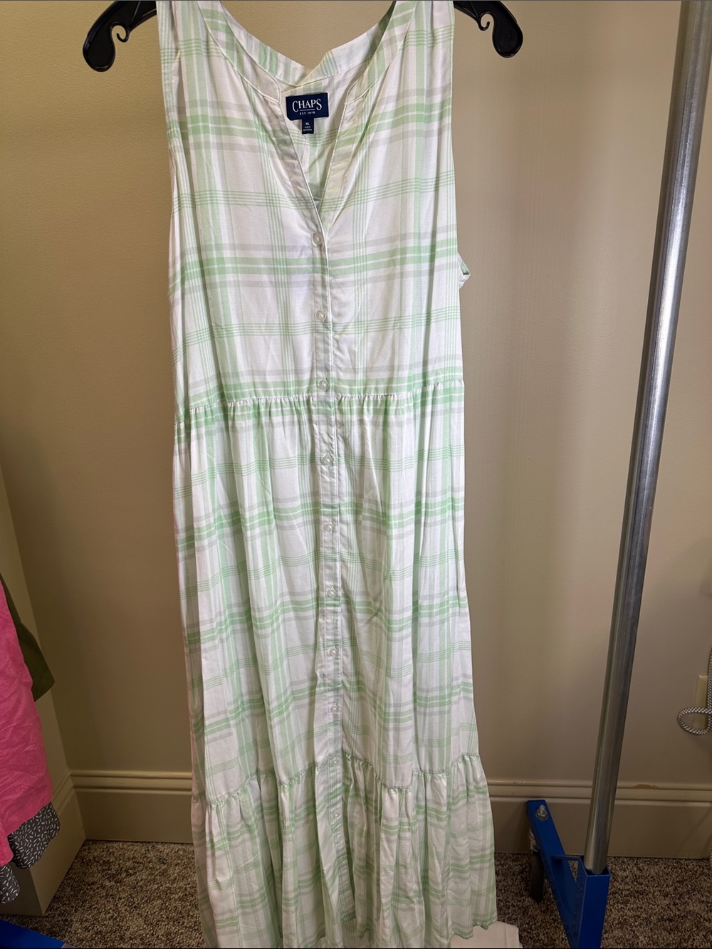 Chaps White and Light Green Plaid Sleeveless Maxi Dress with Button Front